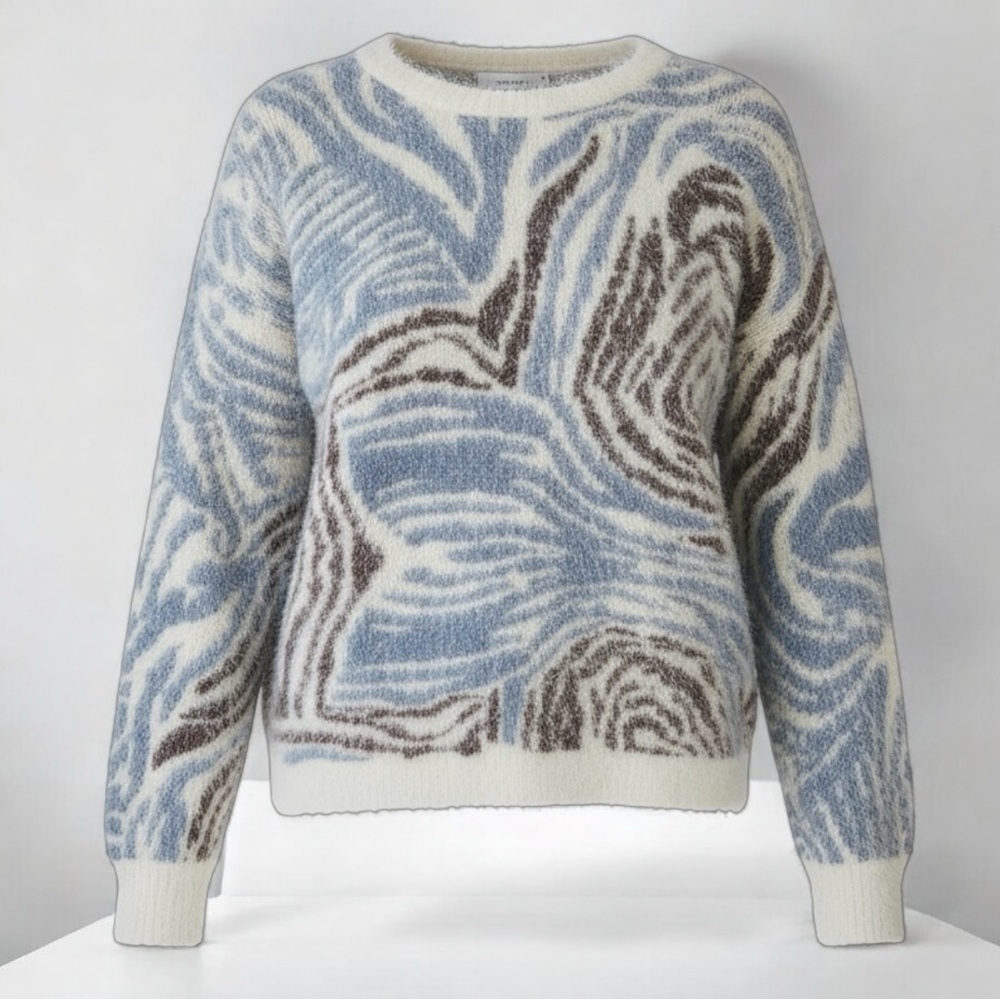 Enra & Lea Paris Eyelash Fuzzy Zebra Swirl Sweater Blue Ivory Brown | Size Small - Picture 2 of 8